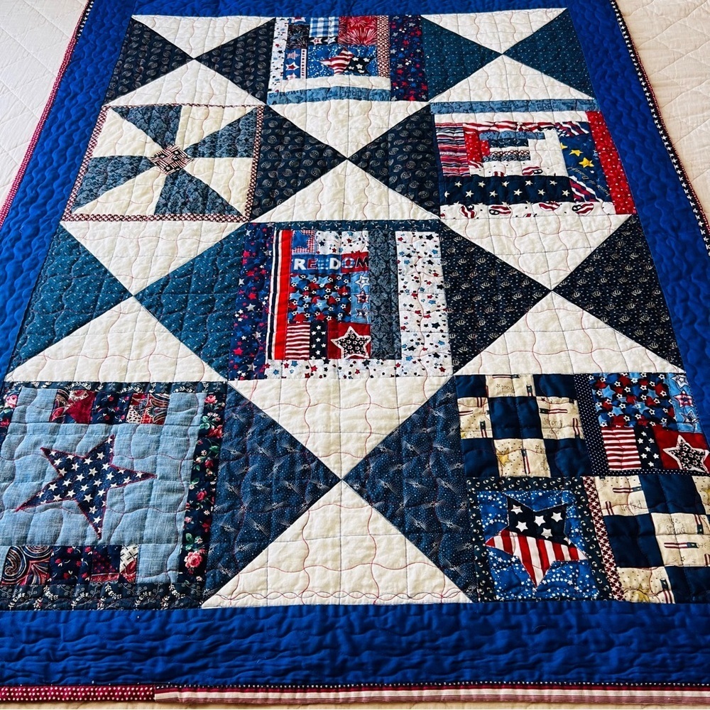 37”x47” Handmade Cotton Quilt, Patriotic-Themed Patchwork Piece.